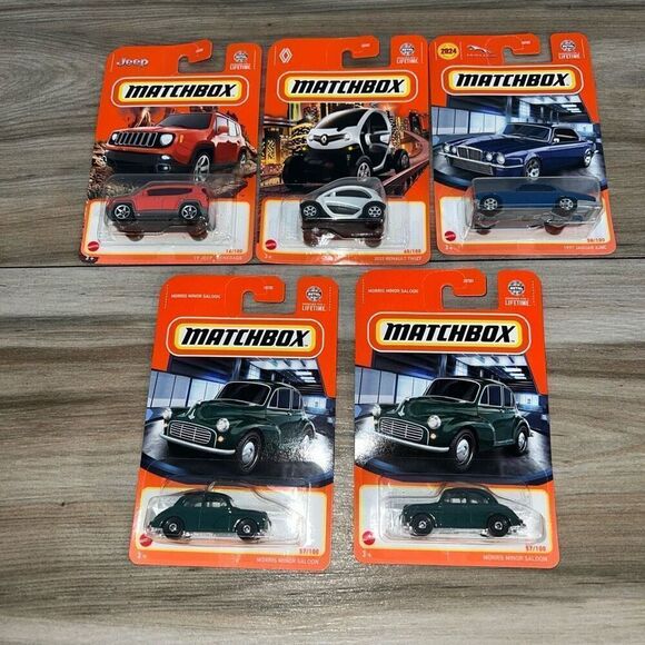 5 Matchbox Diecast Cars Shows  Morris Minor, 2024 Nouveu, Jeep, Life Time New - Picture 1 of 7